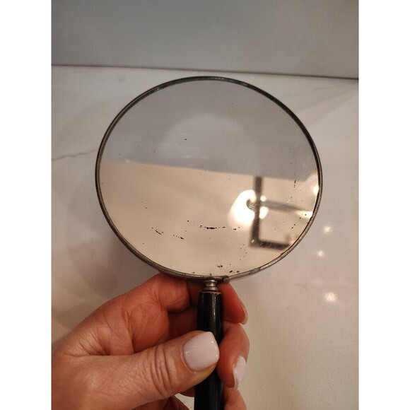 Vintage Handheld Portrait Lid Vanity Mirror with Wooden Handle Woman Portrait - Picture 4 of 13